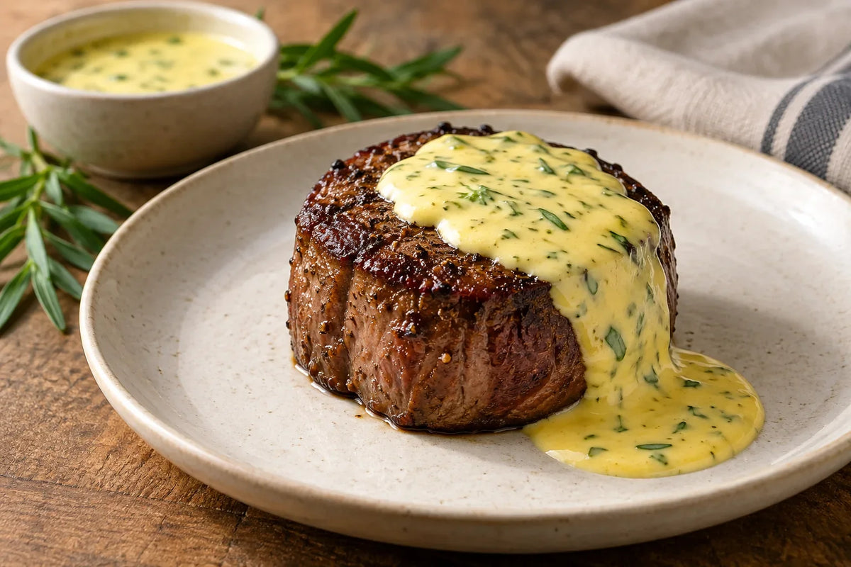 Filet mignon topped with béarnaise sauce