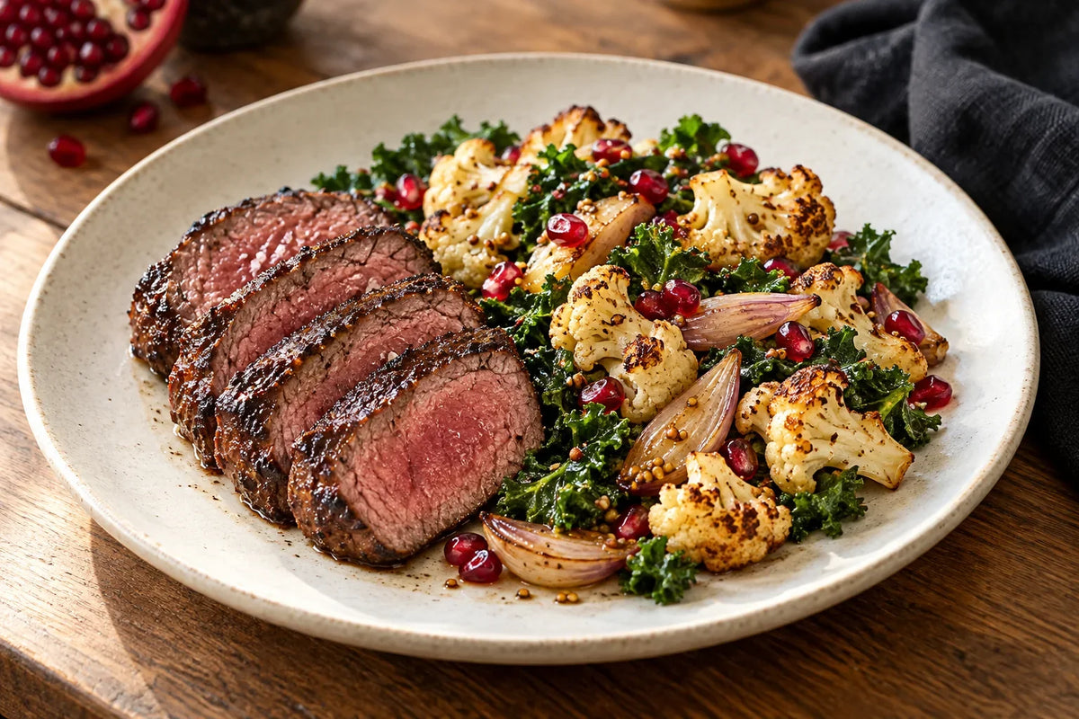 Sliced beef tenderloin with cauliflower and pomegranate salad