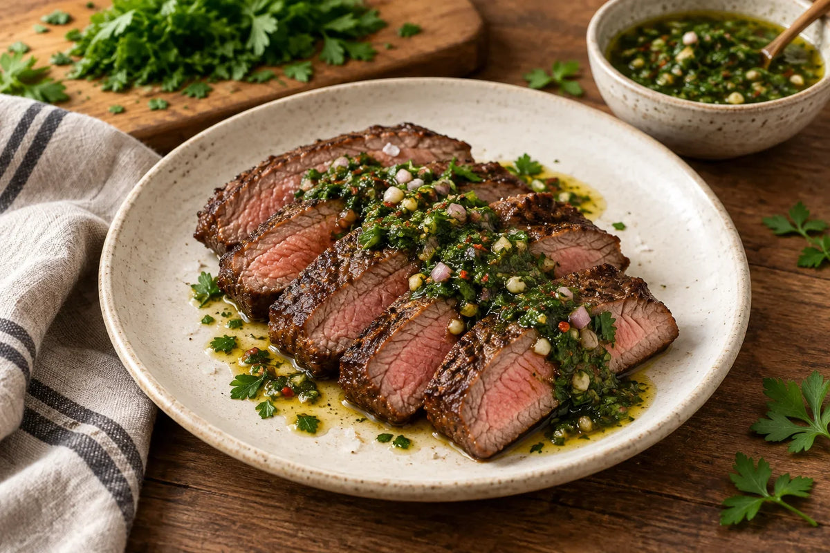 Chimichurri spooned over sliced steak with chopped herbs nearby