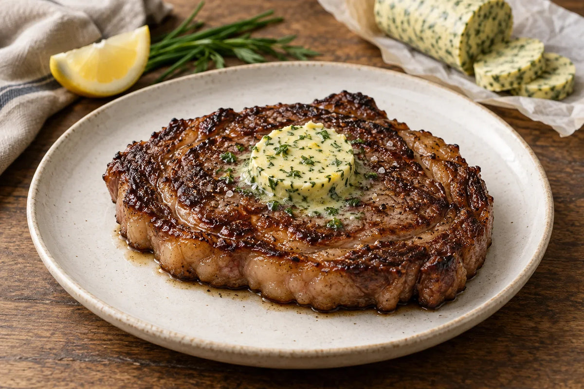 Ribeye steak topped with compound herb butter