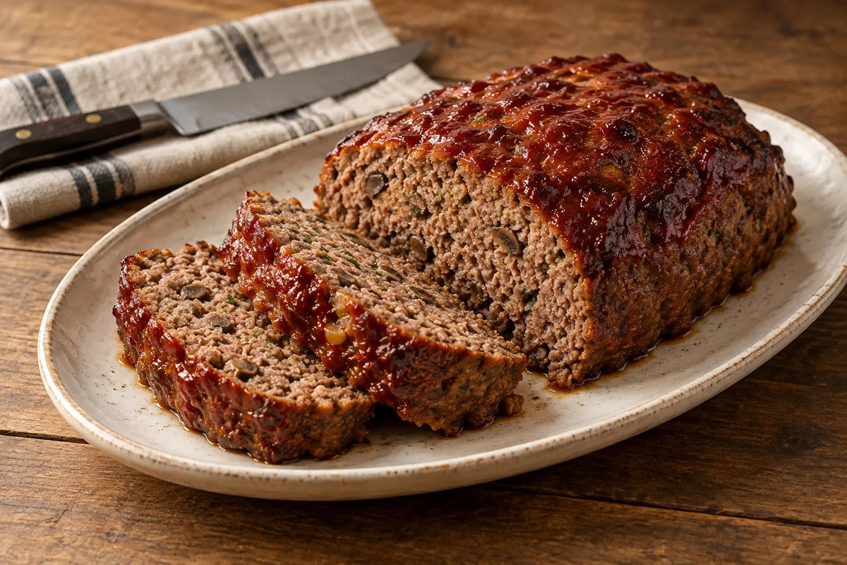 Sliced grass-fed meatloaf with a glossy tomato glaze
