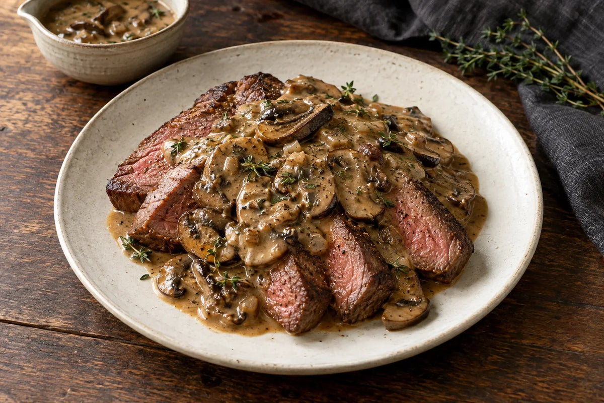 Sliced steak topped with mushroom gravy