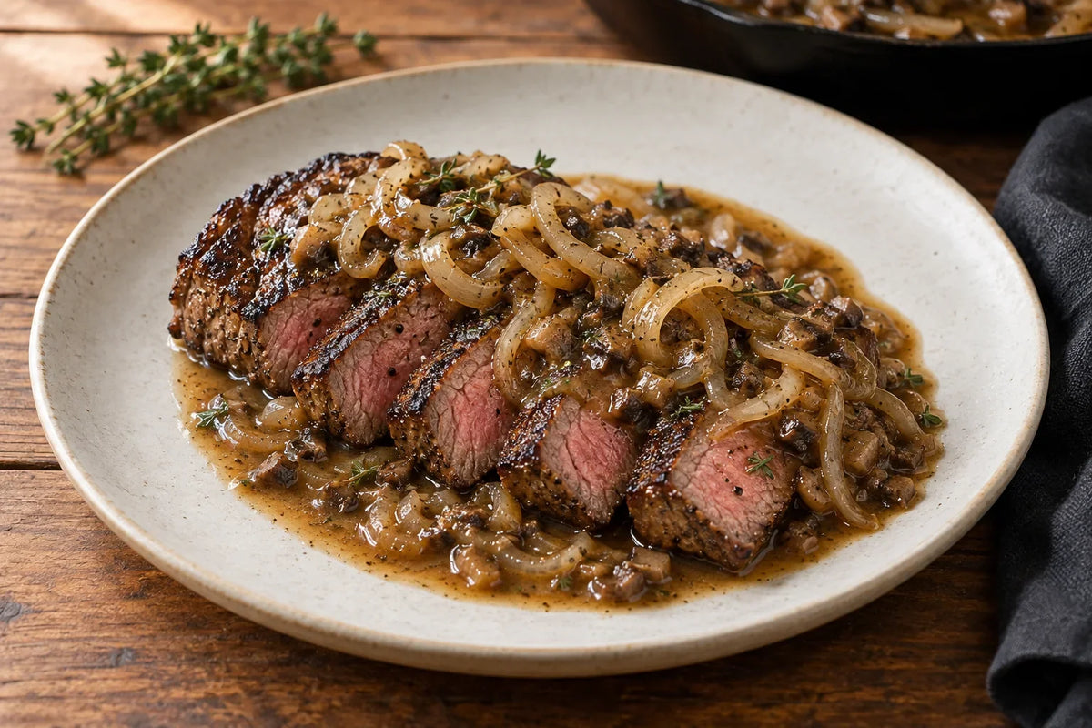 French onion steak topped with onions and mushrooms