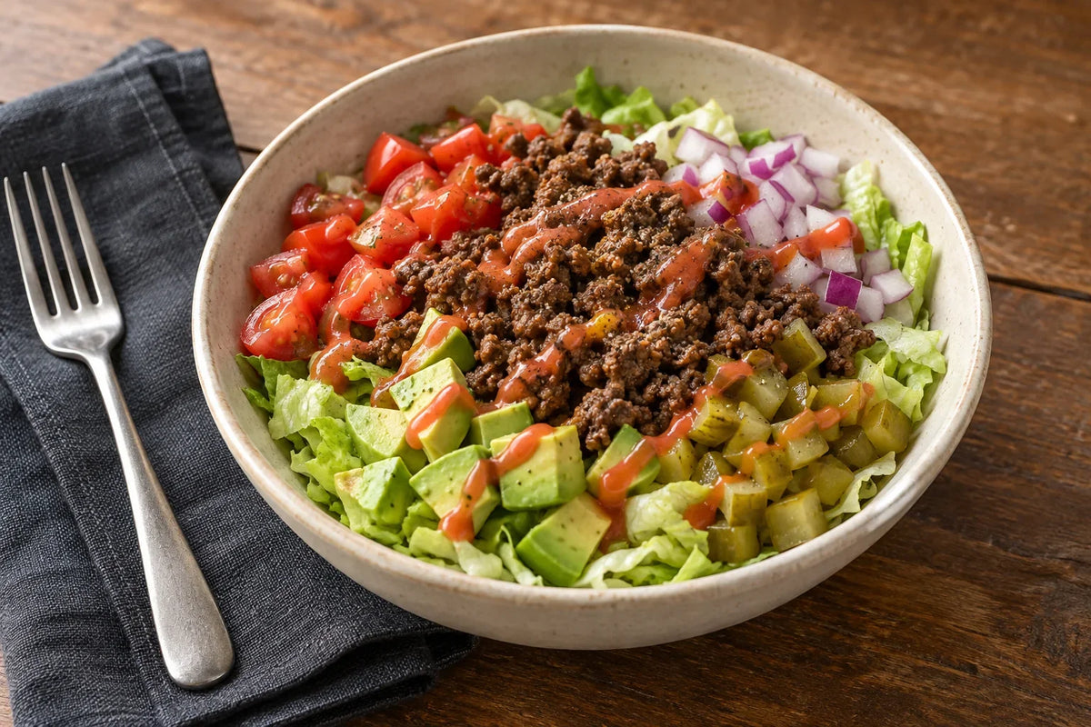 Ground beef protein bowl with lettuce, tomato, avocado and pickles