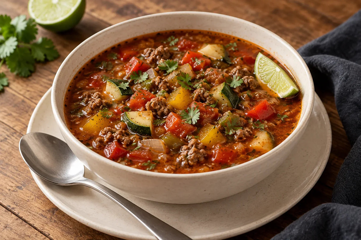 Paleo ground beef taco soup topped with fresh herbs