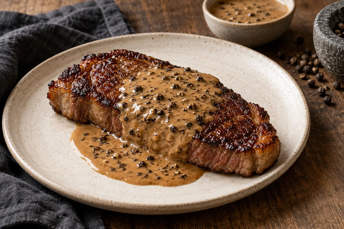 New York strip steak with creamy peppercorn sauce