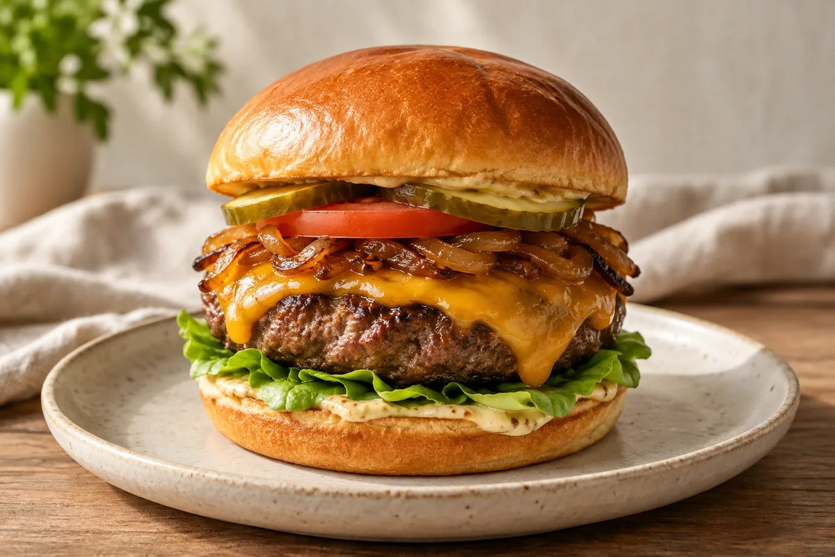 Thick pub-style cheeseburger with onions and toppings