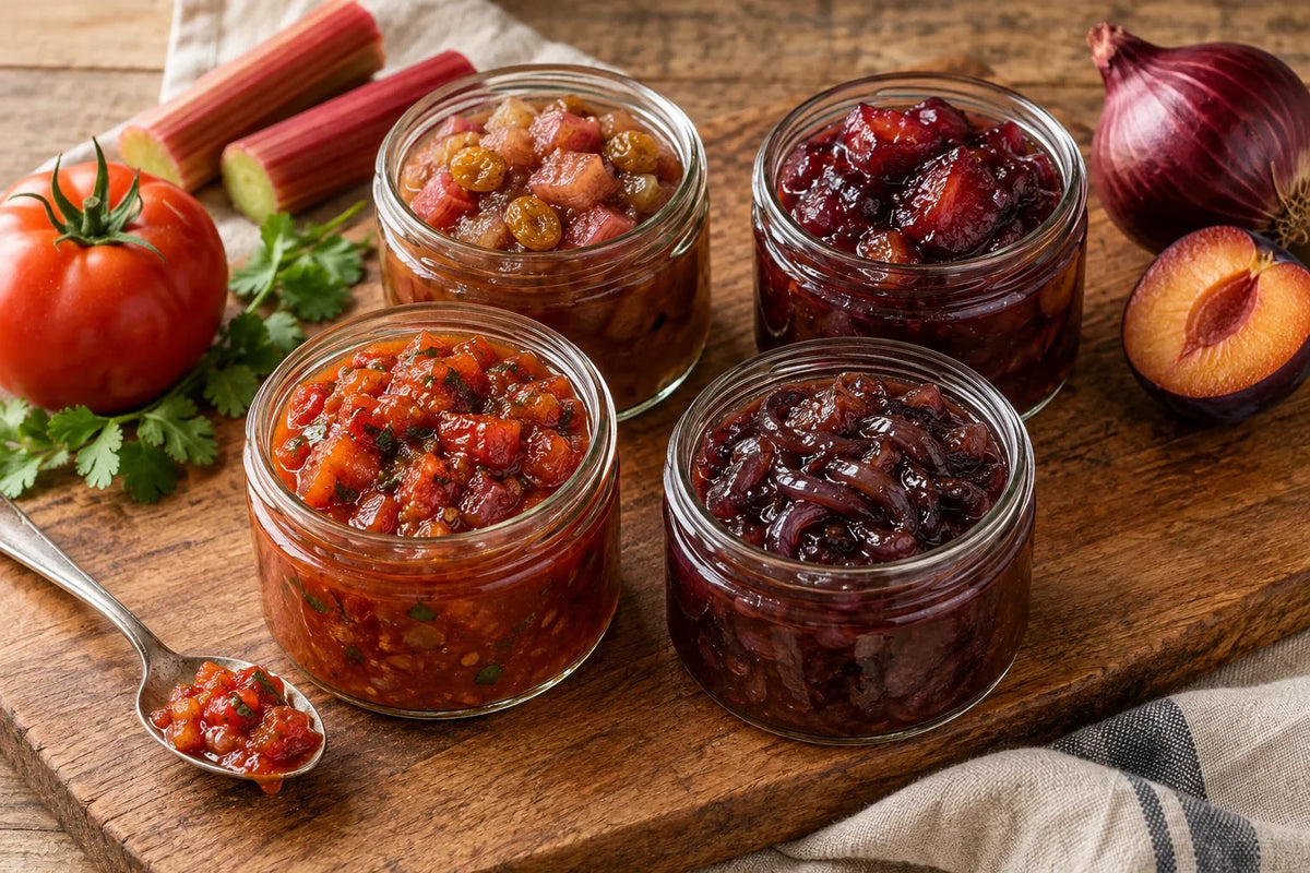 Four jars of seasonal chutneys for serving with beef