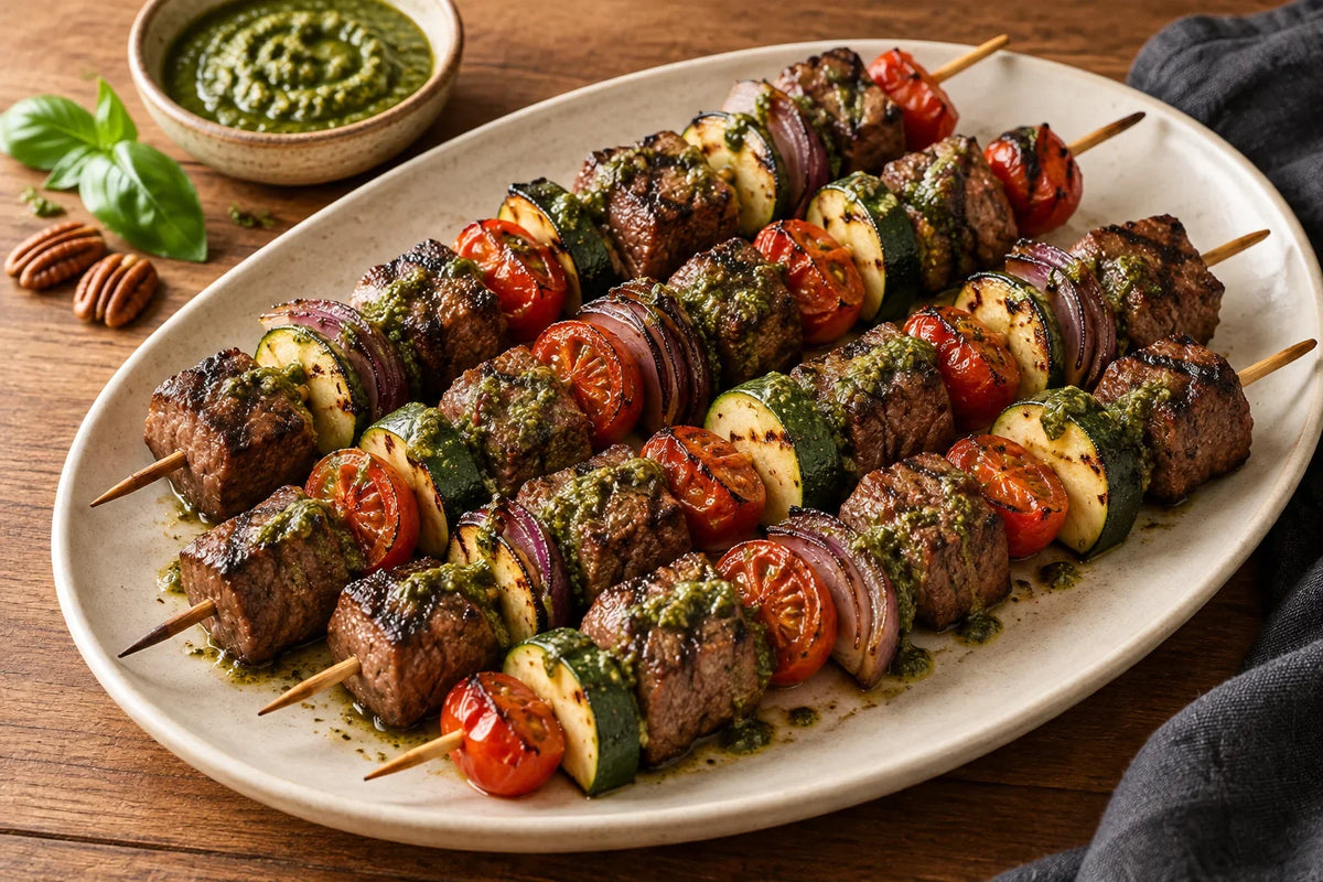 Grilled steak and vegetable kabobs served with green Paleo pesto