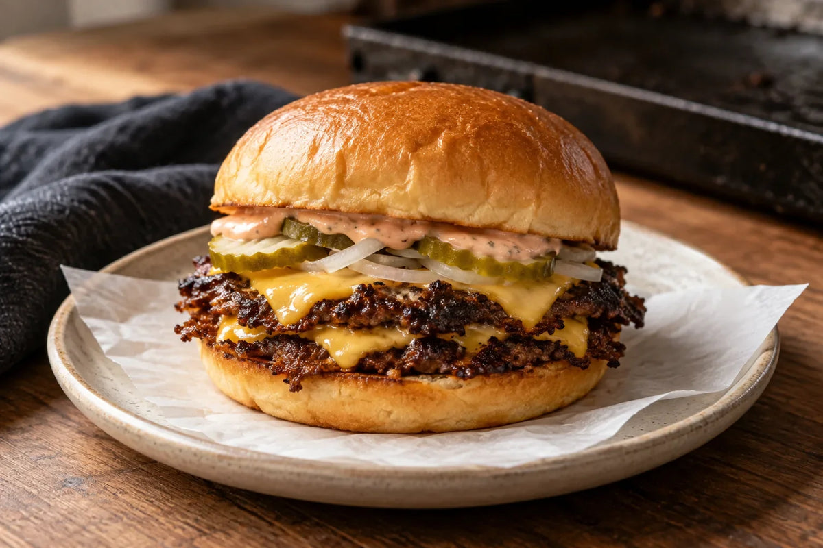 Double-stacked Wagyu smash cheeseburger with crisp patty edges