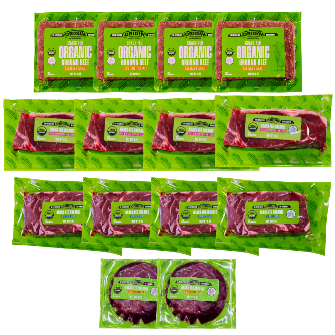 Assorted Origin organic grass-fed beef packages in a Family Box