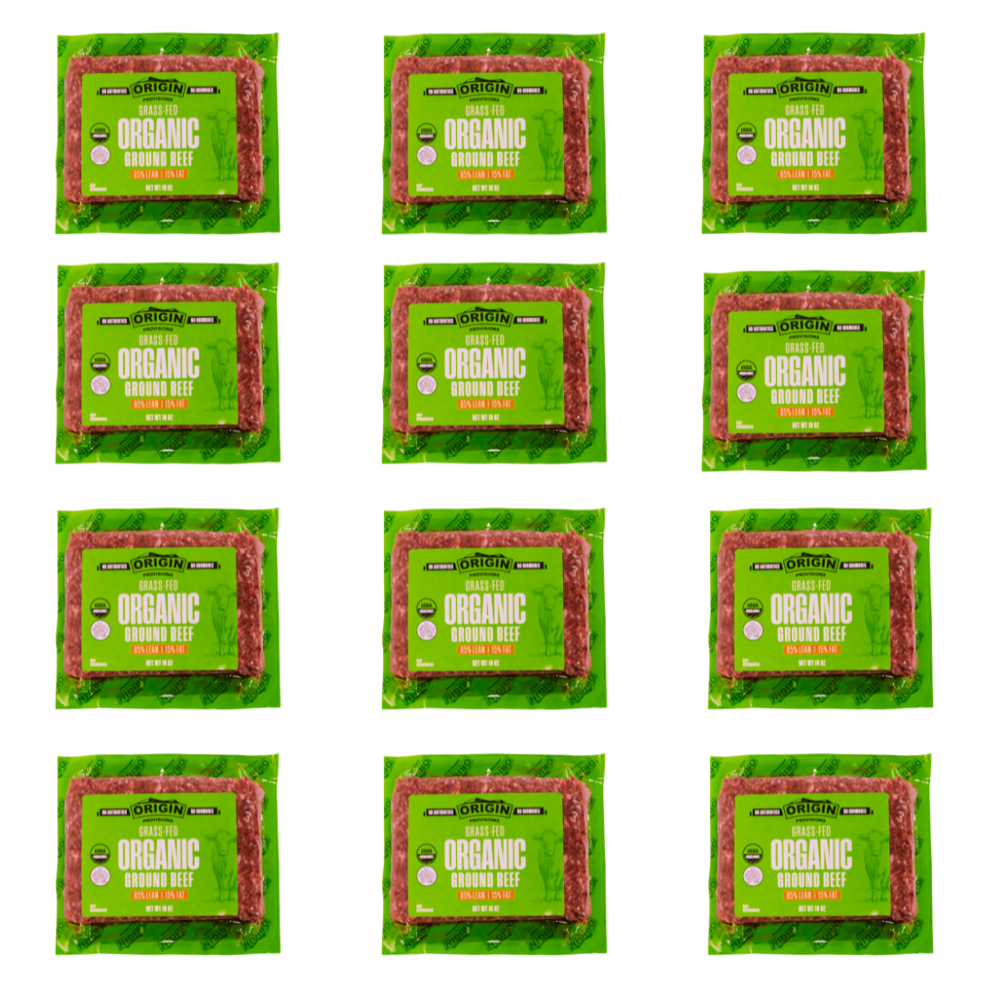 Twelve packages of Origin 85/15 organic grass-fed ground beef