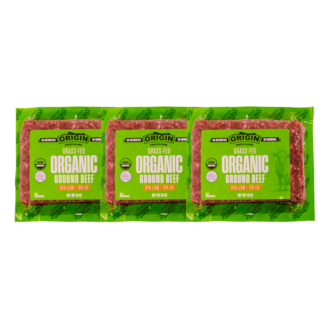 Three packages of Origin 85/15 organic grass-fed ground beef