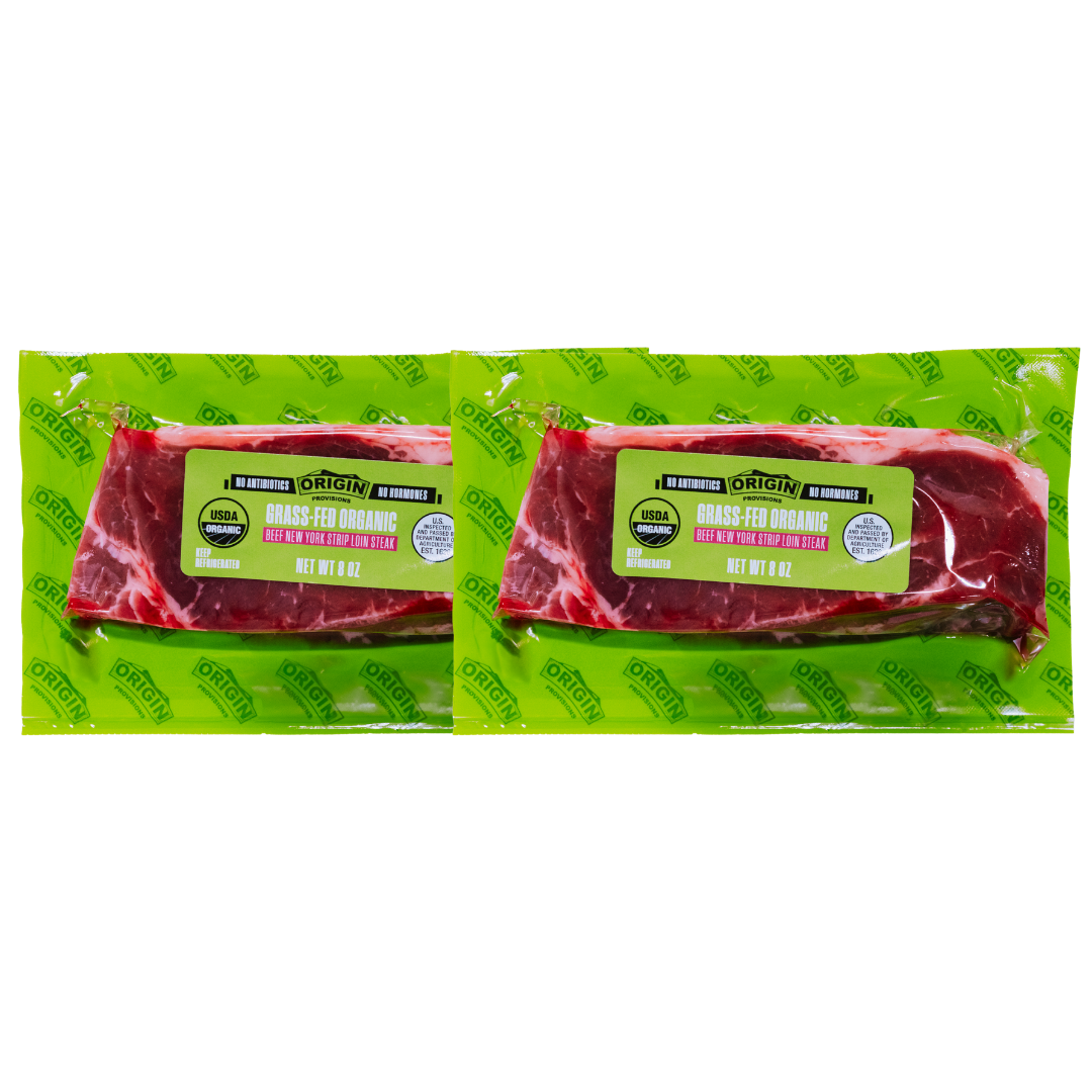 Two packages of Origin organic grass-fed New York strip steaks