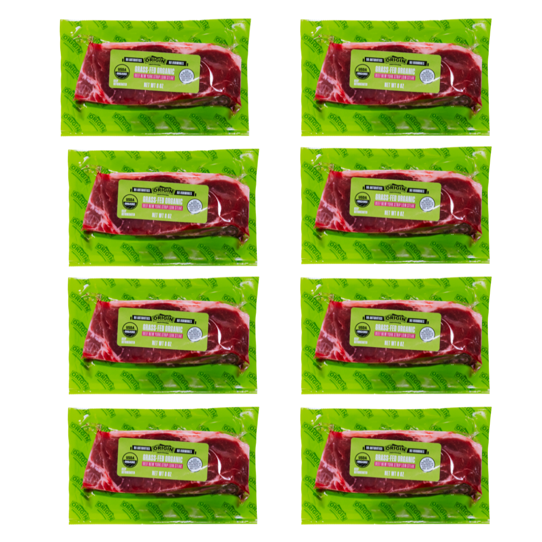 Eight packages of Origin organic grass-fed New York strip steaks