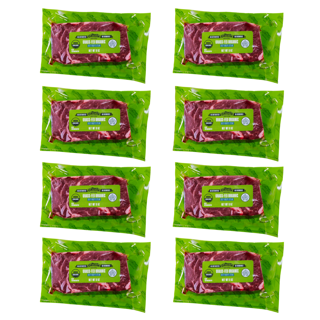 Eight packages of Origin organic grass-fed ribeye steaks