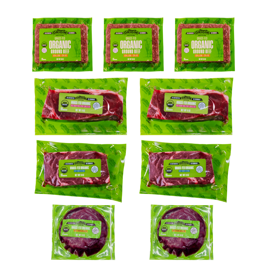 Assorted Origin organic grass-fed beef packages in a Starter Box