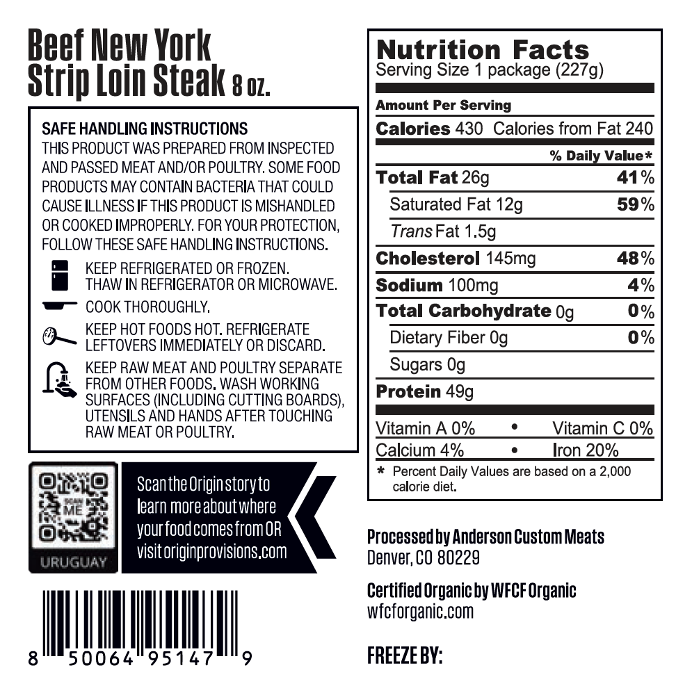 Back label and nutrition facts for Origin organic grass-fed New York strip steak