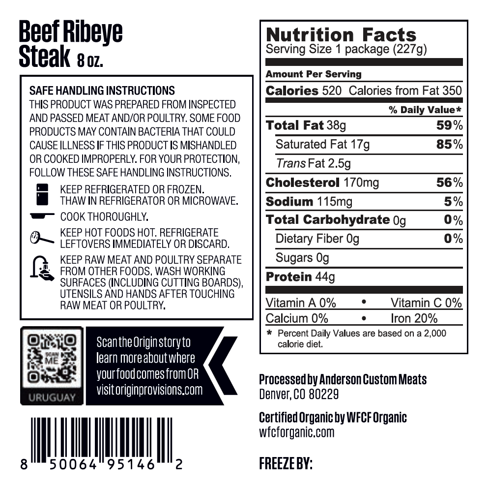 Back label and nutrition facts for Origin organic grass-fed ribeye steak