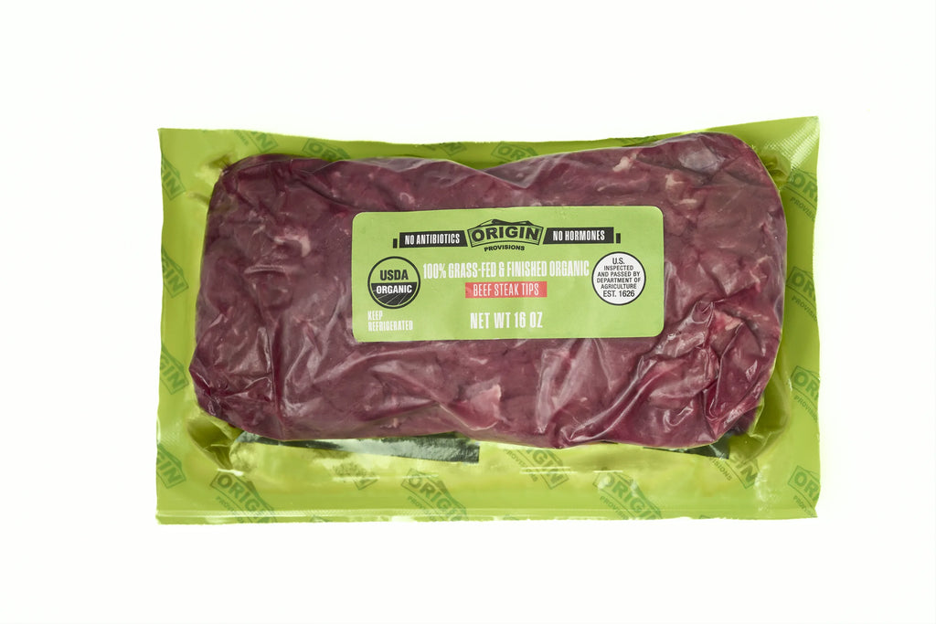 100% Grass-Fed & Organic Certified Beef Steak Tips - 1 lb. package