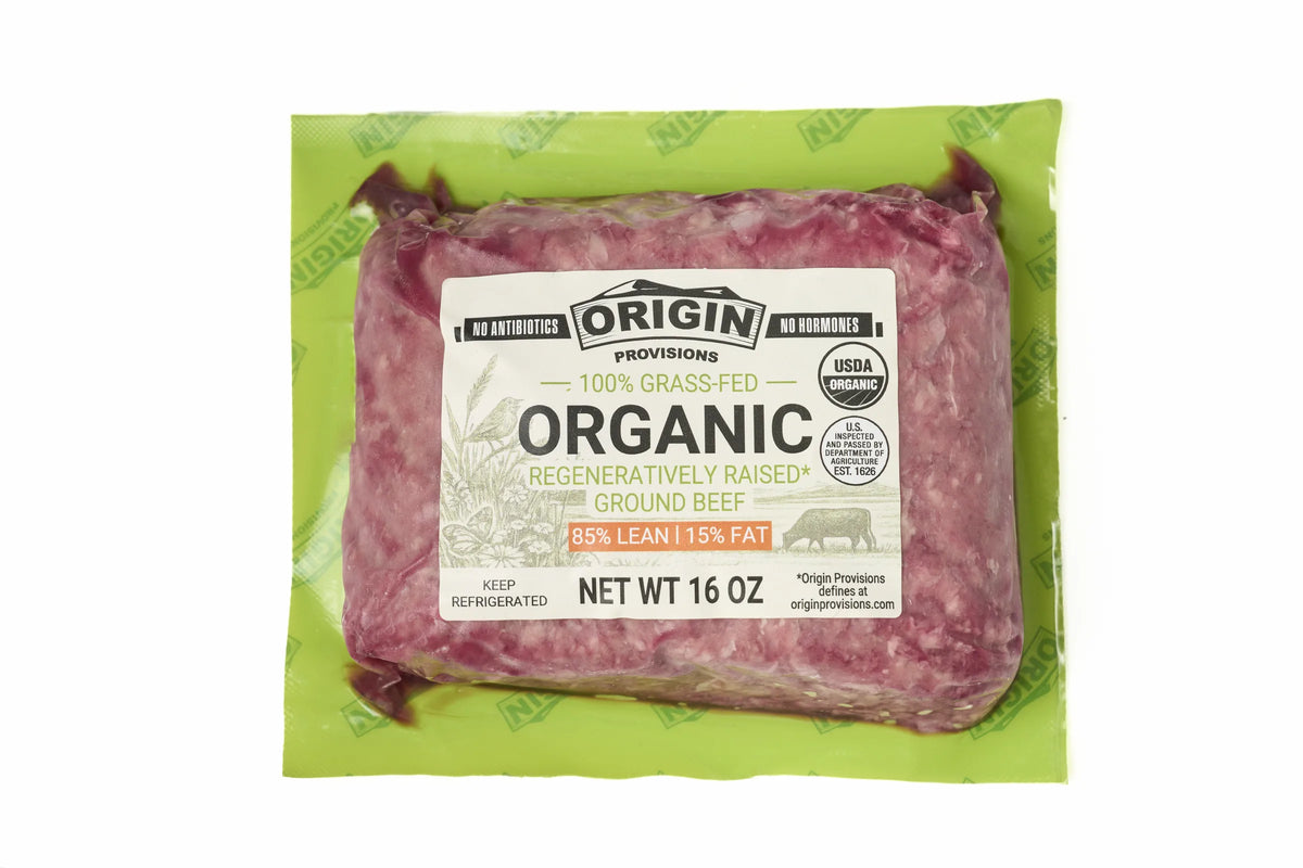 100% Grass-Fed, Organic & Regeneratively Raised 85% Lean & 15% Fat Ground Beef - 1 lb. package