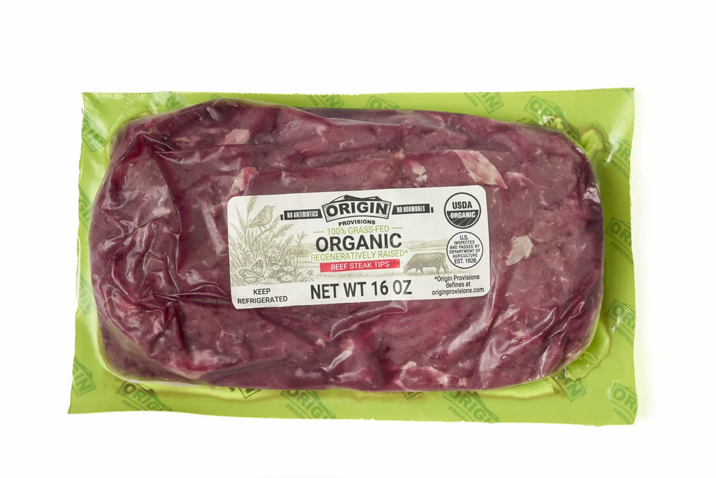 100% Grass-Fed, Organic & Regeneratively Raised Beef Steak Tips - 1 lb. package
