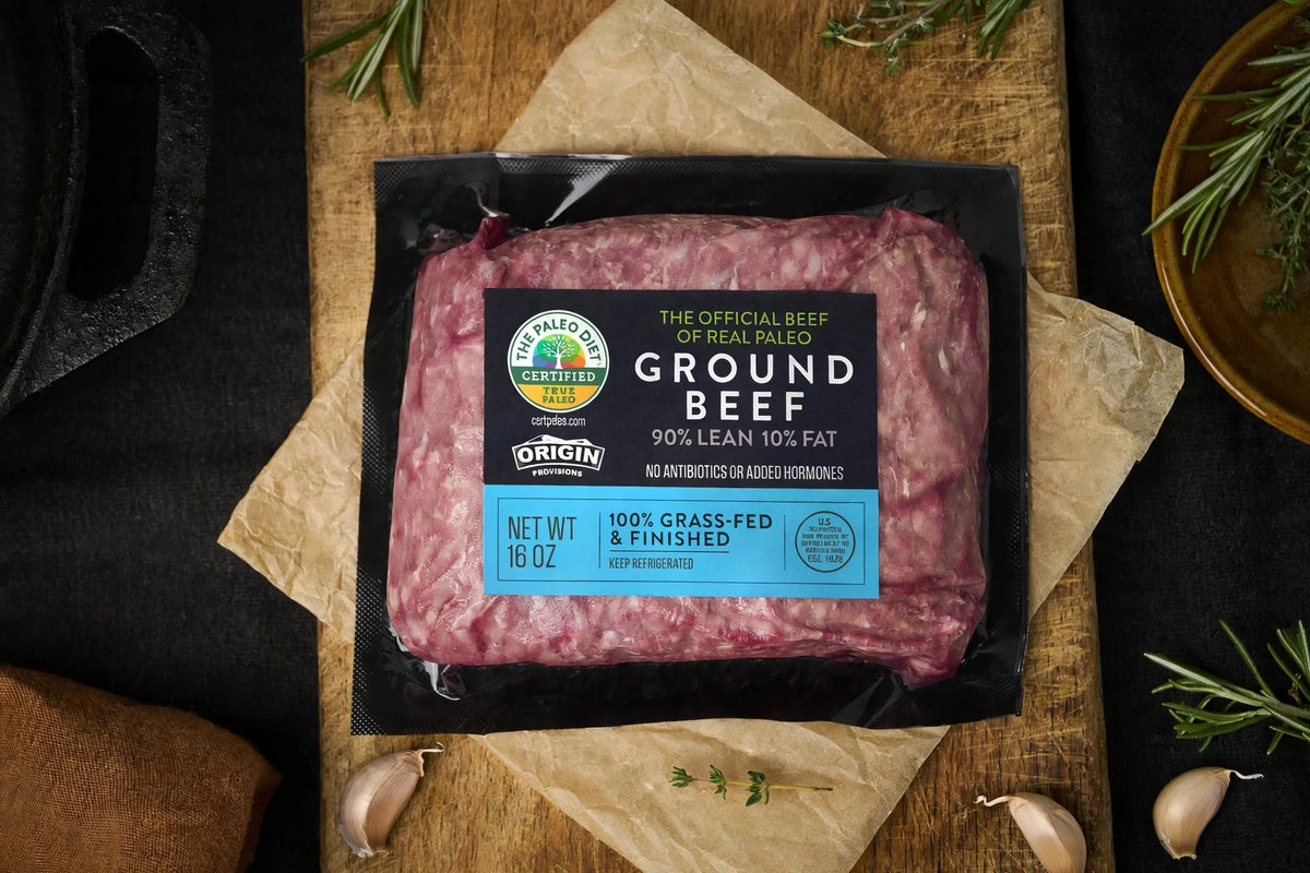 The Paleo Diet 90/10 grass-fed ground beef, 1 lb., in packaging with herbs and garlic